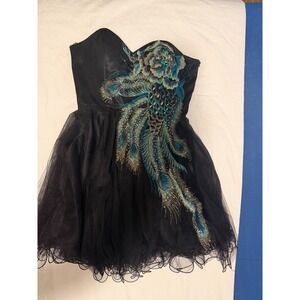 Fiesta Black Strapless Peacock Embroidered Tulle Fit Flare Party Dress M Y2K